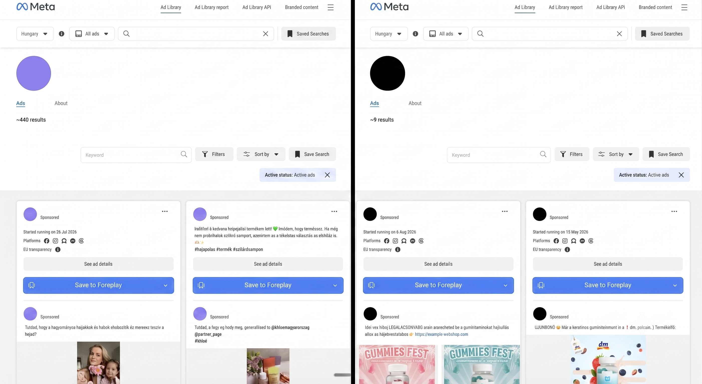 Meta Ad Library összehasonlítás: kevés aktív hirdetés egy tipikus márkánál a sok aktív hirdetéssel dolgozó versenytárshoz képest